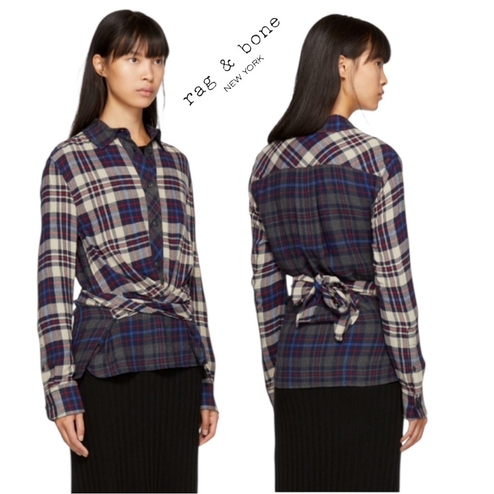 Rag & Bone Felicity Felicia Plaid Tie Waist Viscose Wool Shirt - Picture 2 of 9